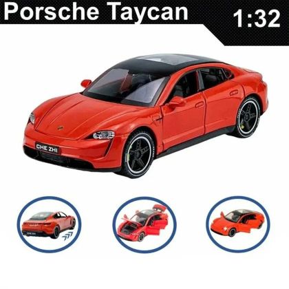 Метална кола Porsche Taycan, 1:32, Червен, С отварящи се врати, Без опаковка 