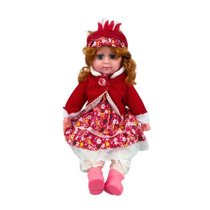 Кукла Мелиса – говори и пее на български език, червен тоалет с цветна рокля