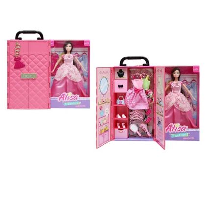 Кукла Alisa с гардероб и розова рокля, Куфар с аксесоари