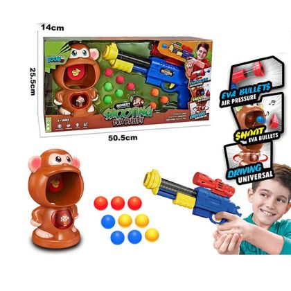 Детски комплект за стрелба с пистолет и движеща се маймунка, EVA топчета