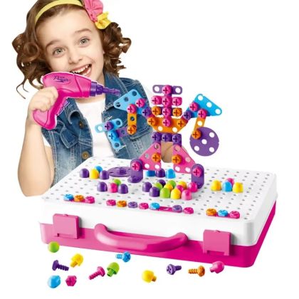 Детски конструктор мозайка с винтоверт в куфарче – 249 части, розов