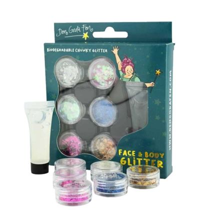 Комплект от биоразградим брокат и гел за лесно нанасяне върху лице и тяло