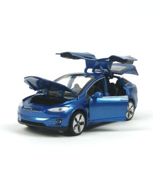 Метална кола Tesla, Model X, С пушек, 1:22, Синя, Без опаковка