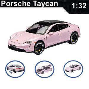 Метална кола Porsche Taycan, 1:32, Розов, С отварящи се врати, Без опаковка 