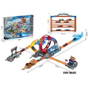 Голяма състезателна писта с акула, динозавър и лупинг – комплект с колички