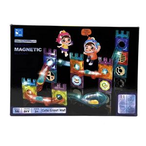 Магнитен конструктор с писта за топчета, 56 части, Цветен, Образователен комплект за деца