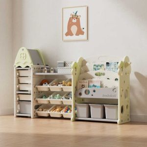 Детска етажерка-органайзер за играчки и книги със 17 отделения и изтеглящи се кутии, зелена