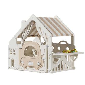 Пластмасова детска къщичка за игра с маса за конструктори – кафява