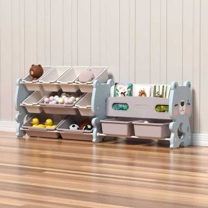 Детска етажерка Синьо мече – 3 реда с кошници за съхранение на играчки и странични рафтове за книги