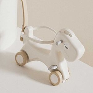 Детска люлка-конче за яздене с дръжка за бутане, кафява