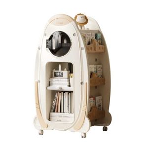 Детска библиотека с въртящ се дизайн и място за съхранение на книги и аксесоари, кафява