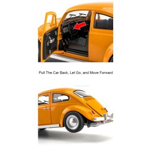 Метален Volkswagen Beetle 1:24, Жълт, със звук, светлини и pull-back, Без опаковка
