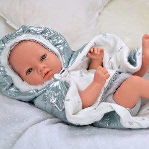 Кукла-бебе Бория с блестящо сиво одеялце и биберон - 38 см