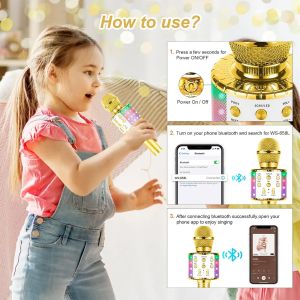 Караоке микрофон Stitch с Bluetooth, LED светлини и промяна на гласа – златист